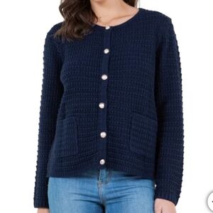 Cristina B Navy Cardigan Women's XS Blue Knit Sweater Gold Button Detail Chic